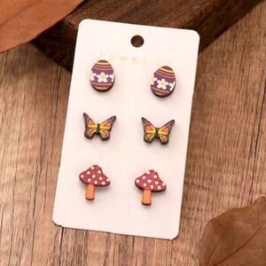 Cottage Indie Goblin Easter Egg Butterfly Mushroom Wooden Stud Earrings